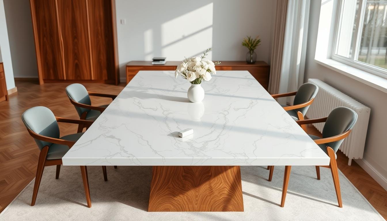 Marble and wood dining table